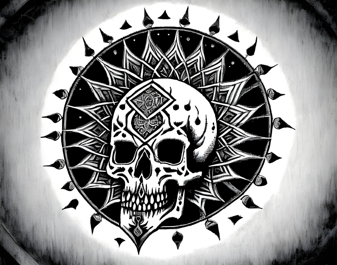 Detailed Black and White Skull Illustration with Intricate Patterns and Symbols