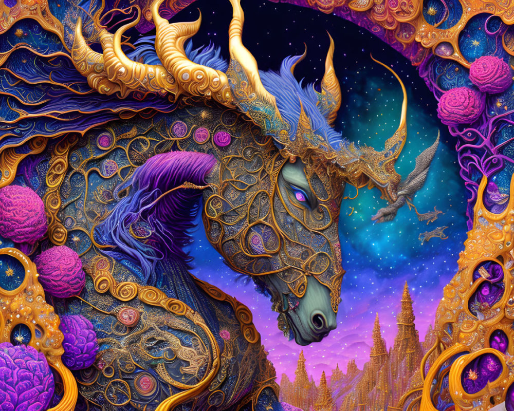 Fantastical dragon in golden armor in cosmic space with galaxies and eagle