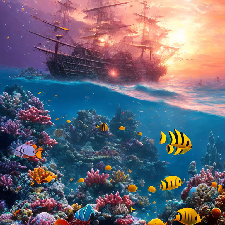 Colorful Coral Reefs and Sunken Ship in Vibrant Underwater Scene