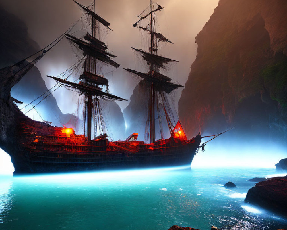 Eerie-lit old sailing ship in misty turquoise bay