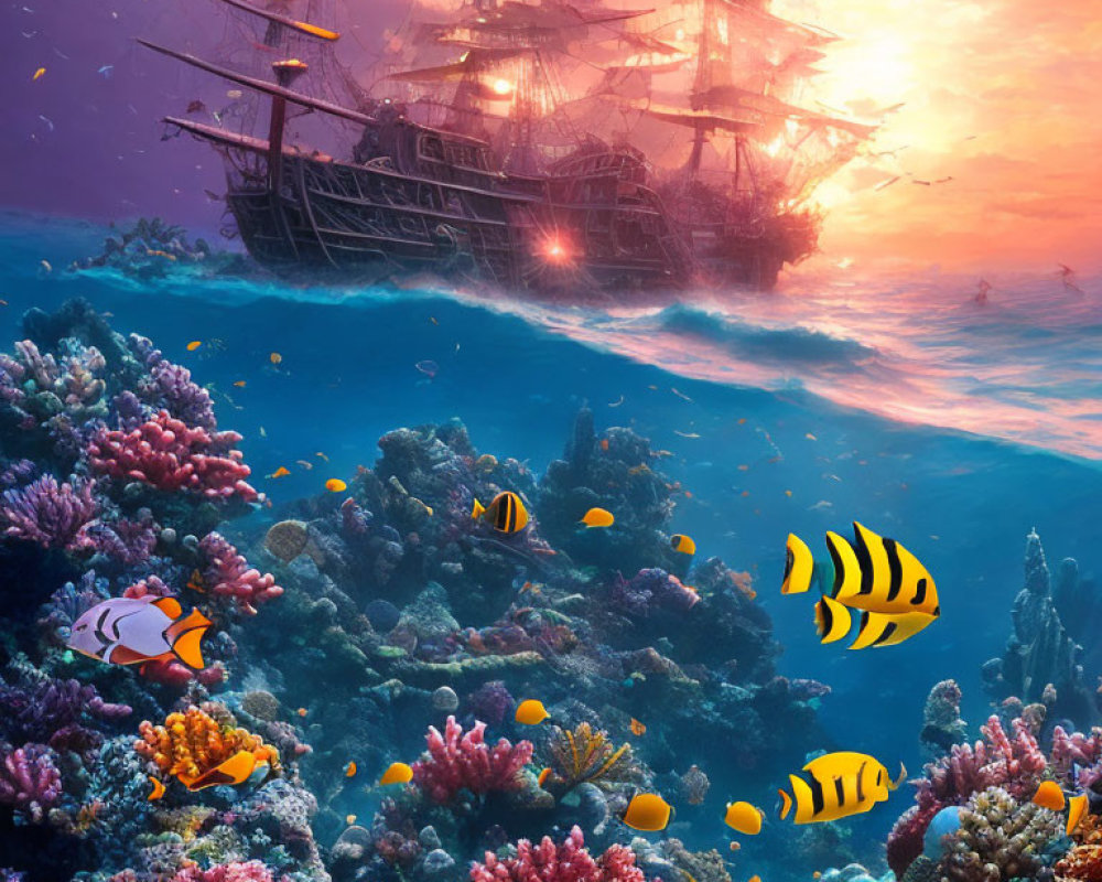 Colorful Coral Reefs and Sunken Ship in Vibrant Underwater Scene