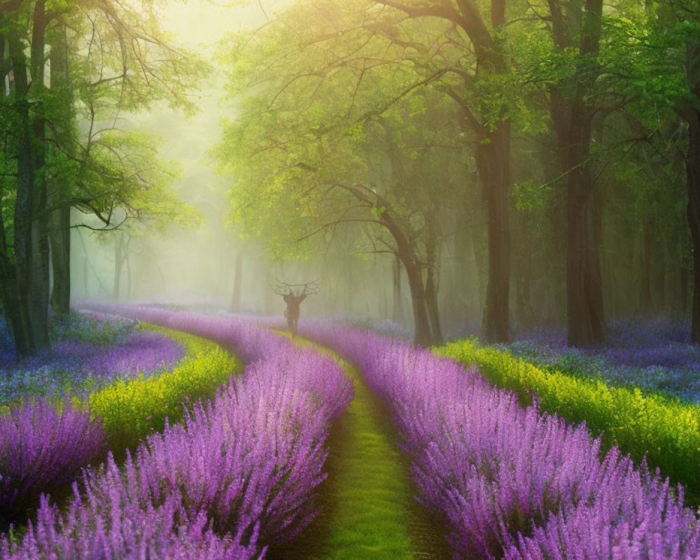 Person with raised arms at end of lavender-lined path in misty forest