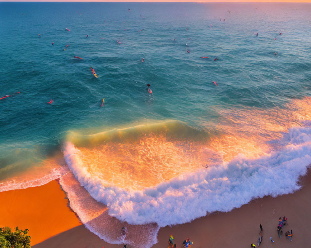 Vibrant Beach Scene with People, Surfers, and Sunset Wave