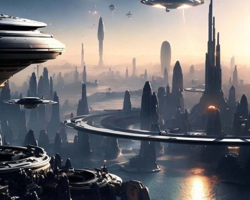 Futuristic cityscape with skyscrapers, flying vehicles, and hazy sky