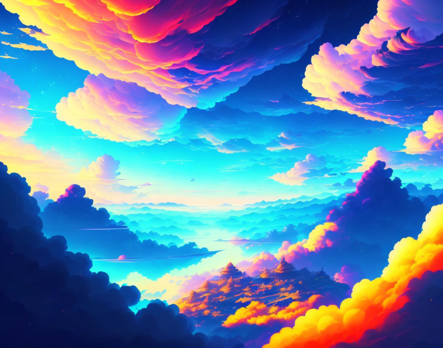 Ethereal landscape with vivid sunset and fluffy clouds