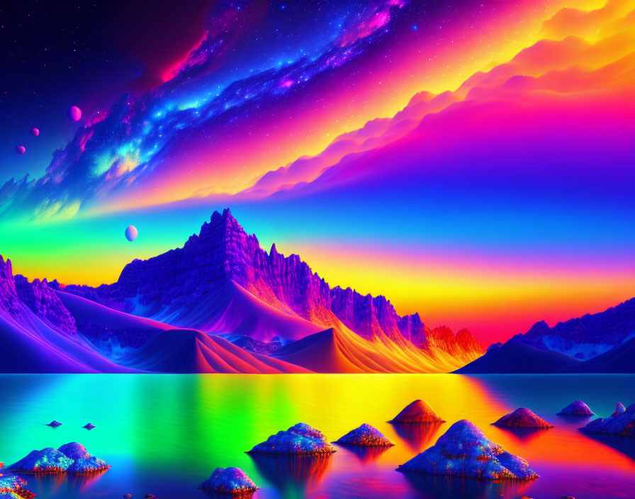 Surreal landscape digital art with neon colors, mountains, galaxy sky, lake, and celestial event