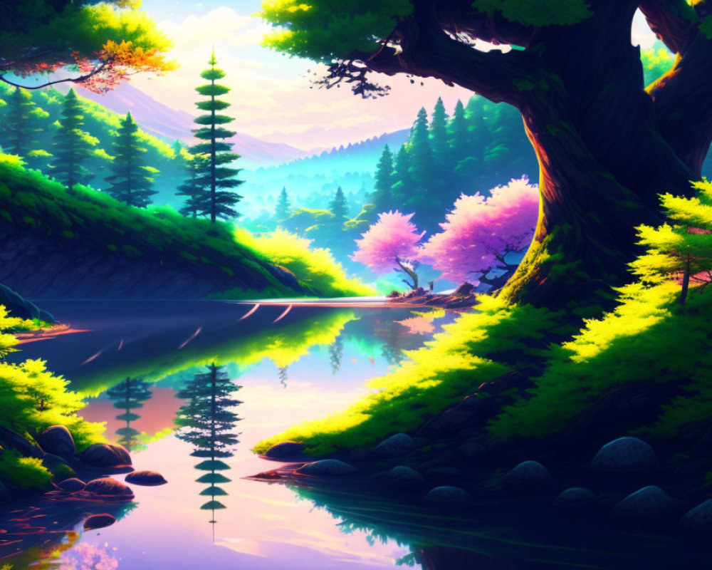 Colorful Landscape with Reflective River and Lush Trees under Purple Sky