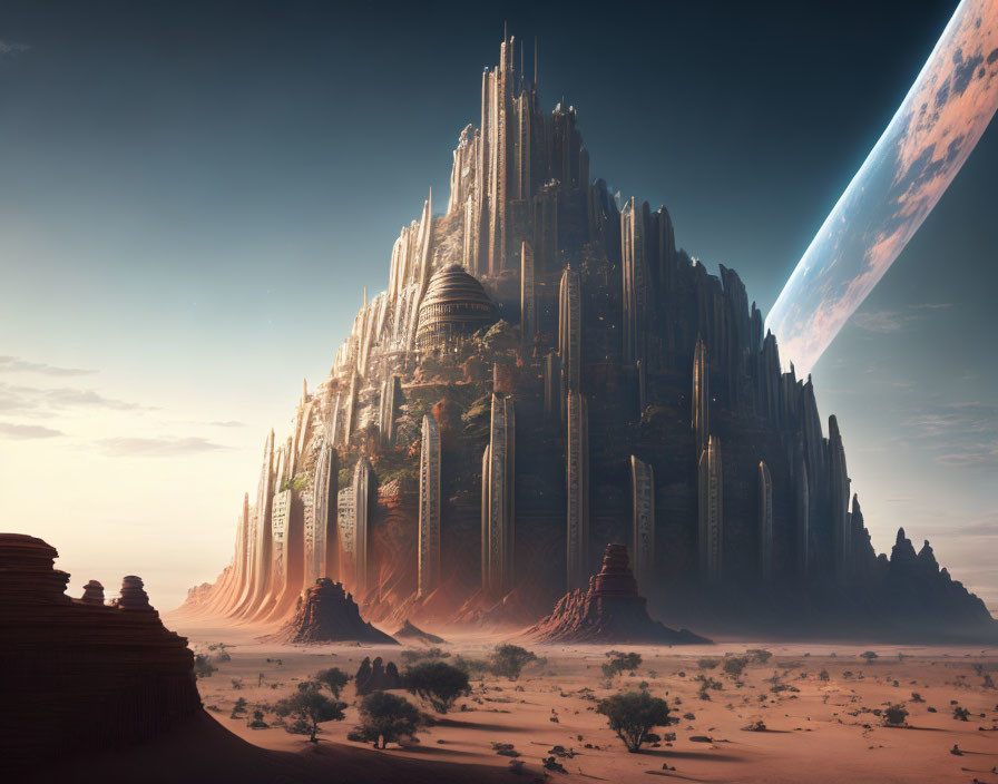 Futuristic city emerging from vast desert with giant planet in sky