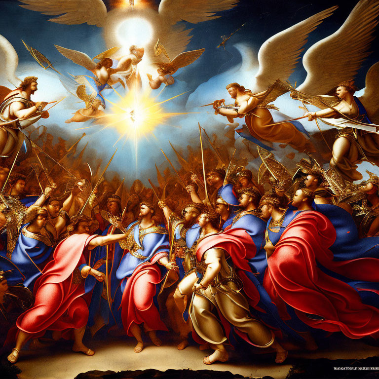 Celestial beings and warriors in divine battle under radiant light