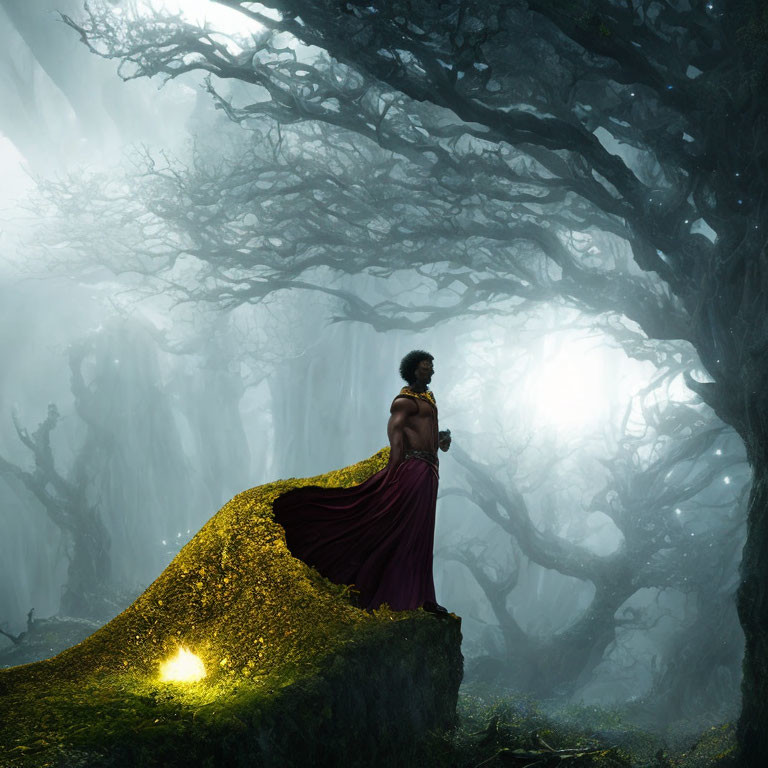 Person in red cloak in mystical forest with glowing light