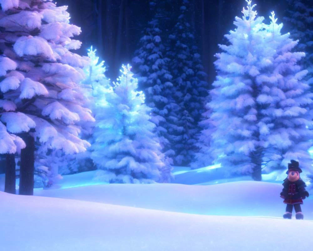 Figure in warm clothing in snowy forest at night with glowing pine trees