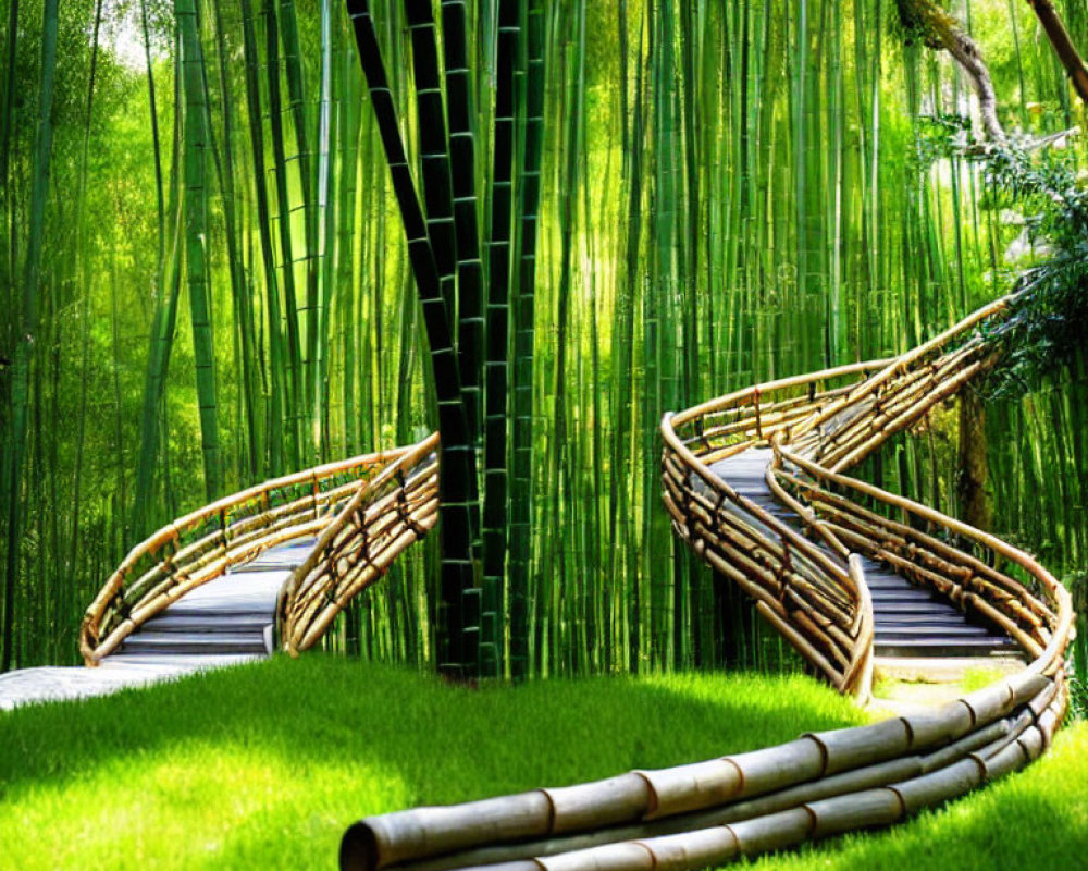 Tranquil Bamboo Forest with Wooden Pathway