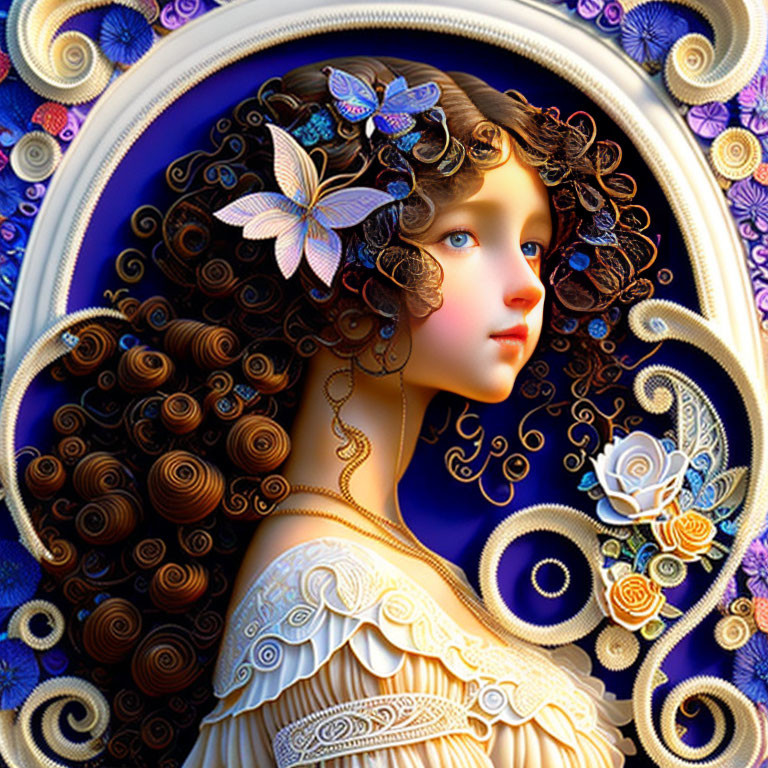 Digital artwork featuring woman with ornate hair and butterflies on blue background.