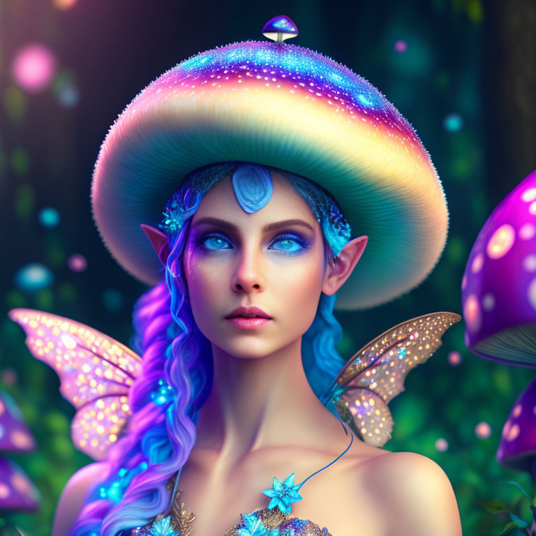 Fantasy portrait of female character with blue skin and radiant attire in magical setting