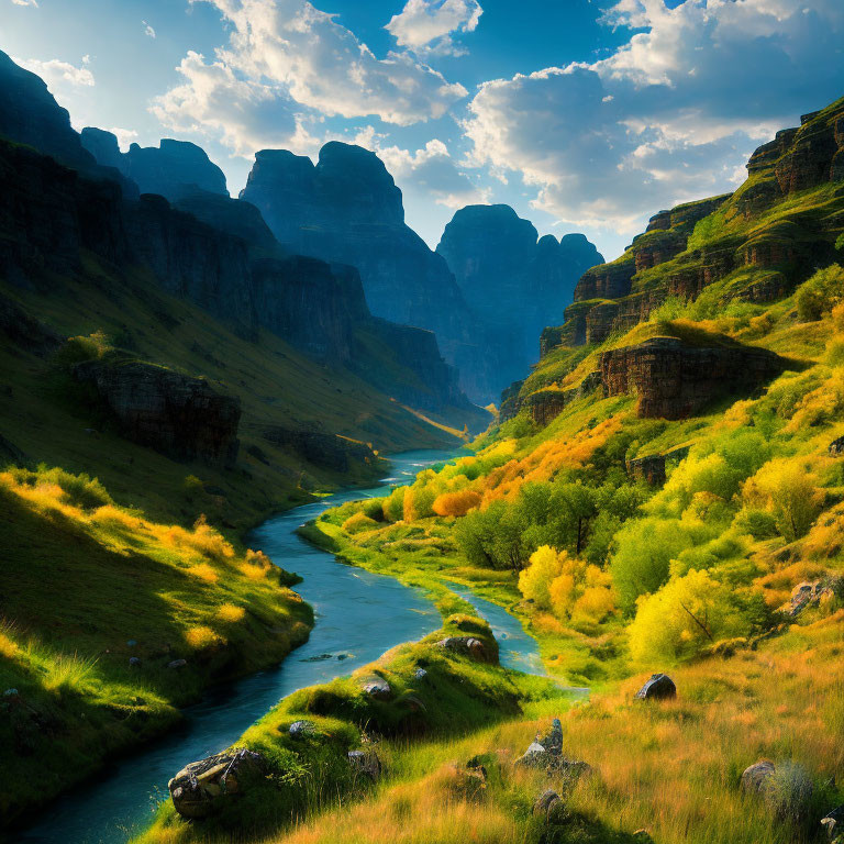 Scenic winding river in verdant valley with steep cliffs
