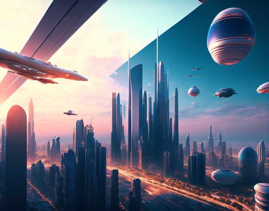 Futuristic cityscape with skyscrapers, flying vehicles, and giant planet in the sky at