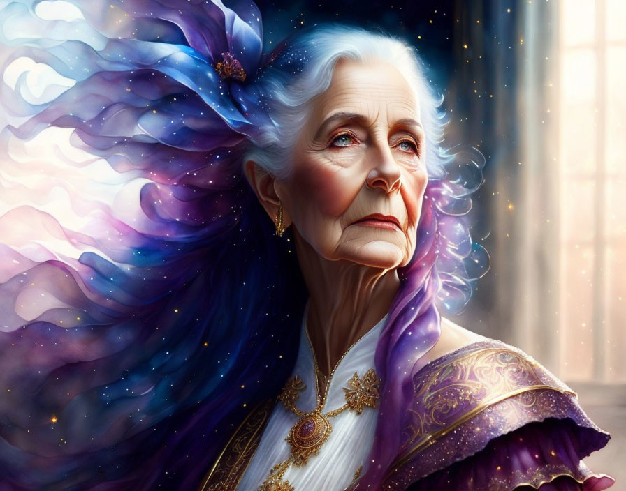 Elderly woman in galaxy-themed cloak with white hair