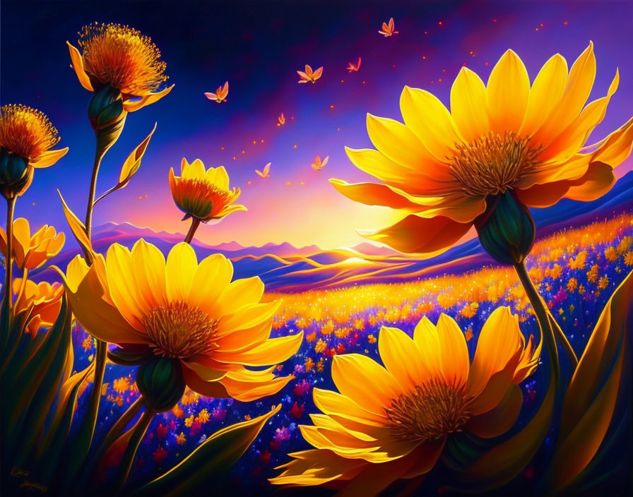 Scenic painting: golden flower field at sunset with mountains and butterflies