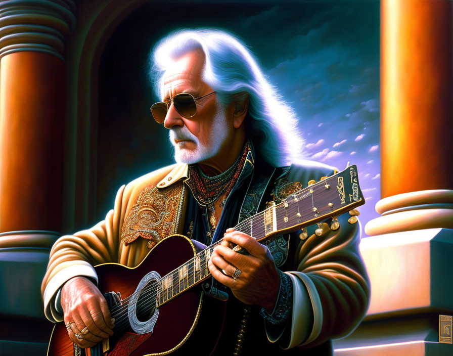 Elderly man with white hair playing guitar in sunset setting