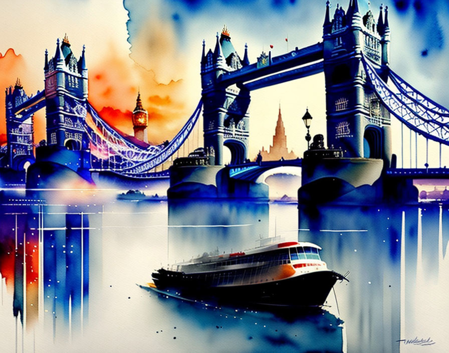Vibrant painting of Tower Bridge with boat on Thames at dusk
