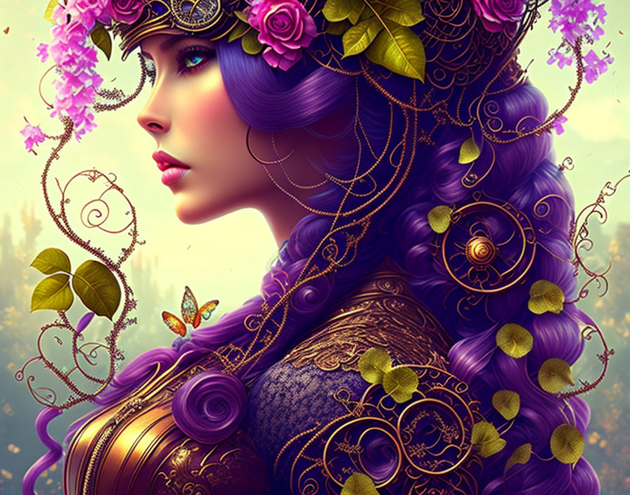 Violet-haired woman with gold and floral adornments in digital artwork