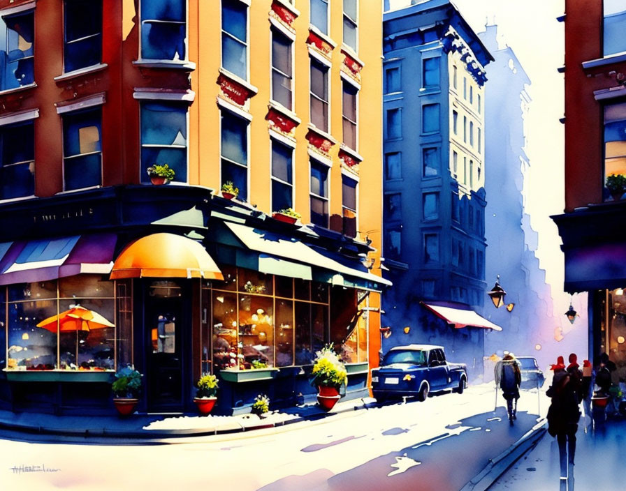 Colorful watercolor painting of vibrant street corner with cafe, buildings, car, pedestrians