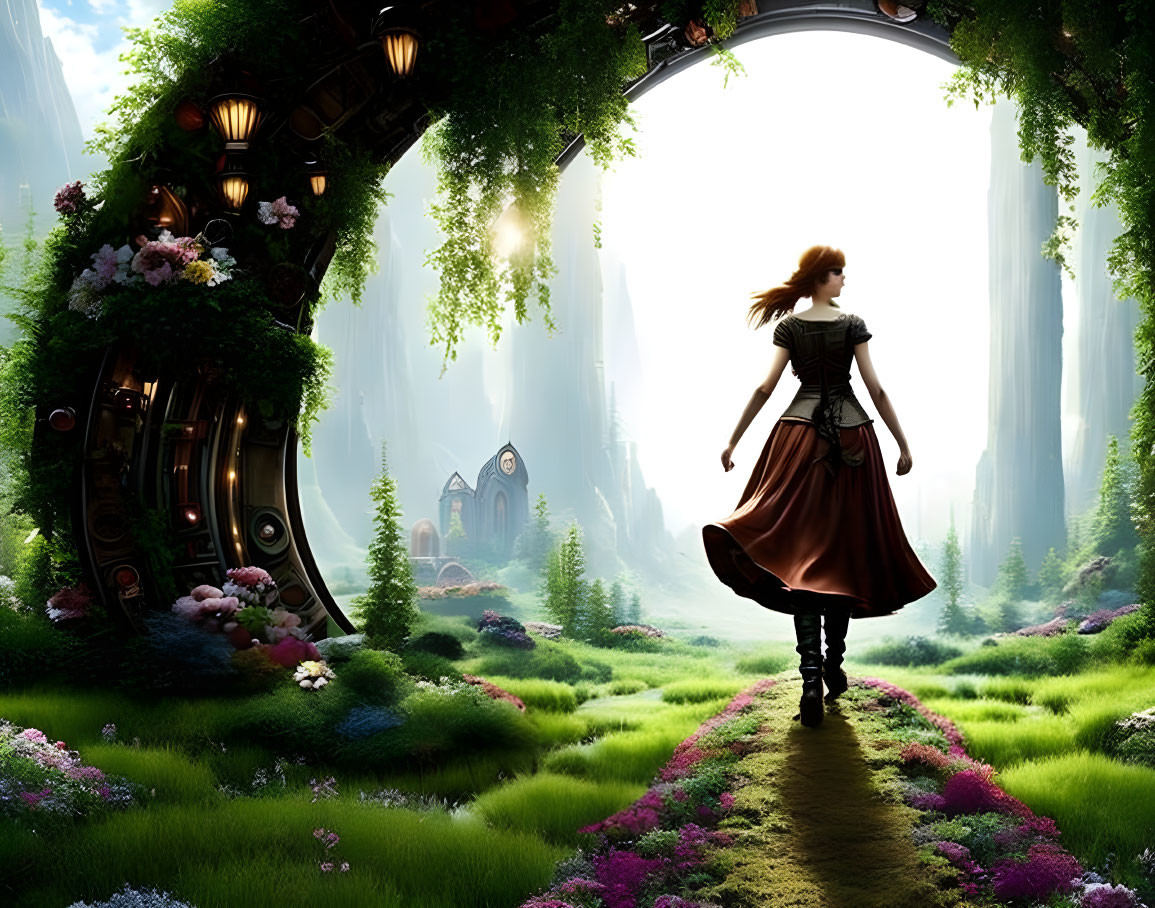Woman in Brown Dress Stands Before Mystical Doorway to Fantasy Landscape