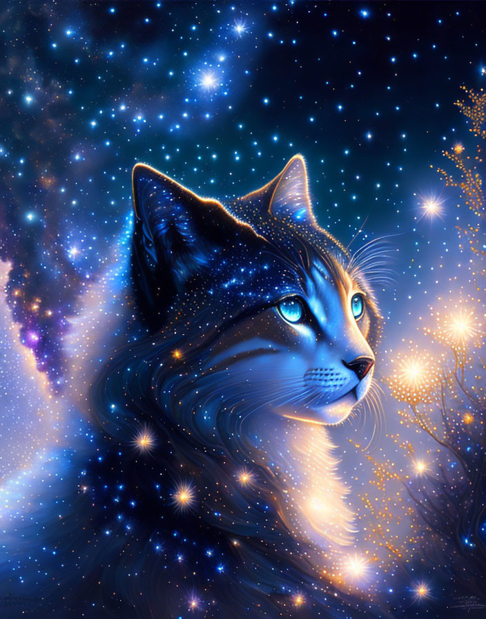 Illustration of mystical cat with cosmos fur and starry night background