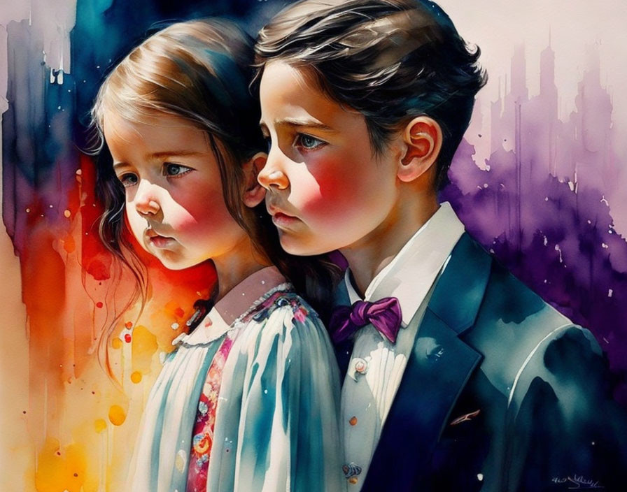 Young girl and boy in formal attire in contemplative watercolor painting