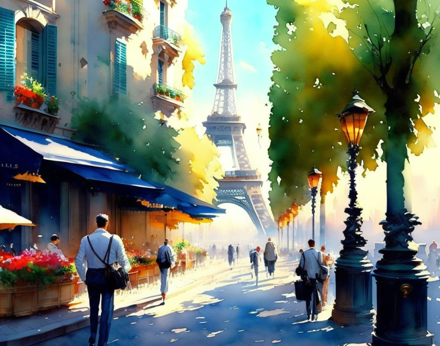 Colorful Paris Street Scene with Eiffel Tower View