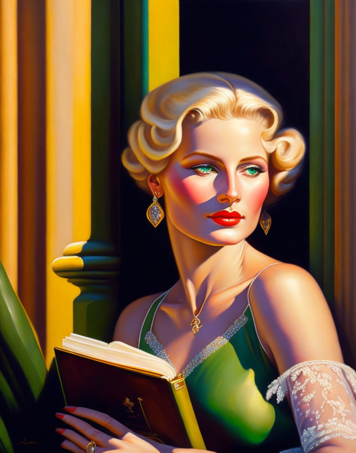 Vintage-style portrait of a blonde woman in green dress with red lipstick holding a book
