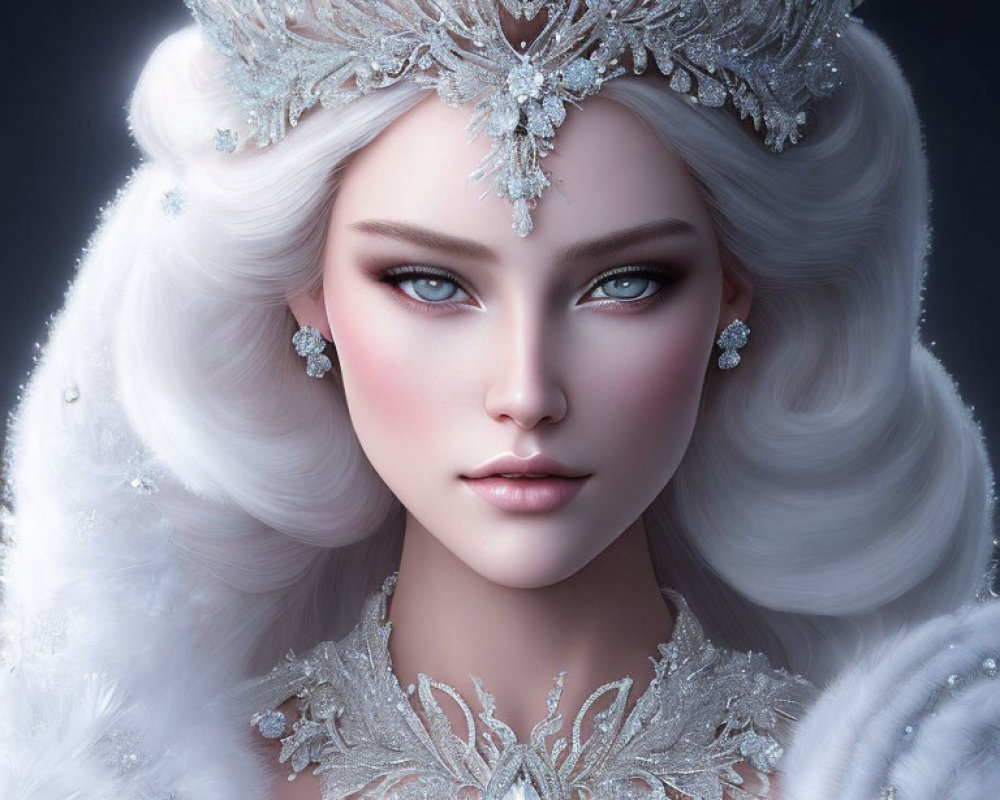 Portrait of woman with blue eyes, silver crown, white hair, and fur neckline