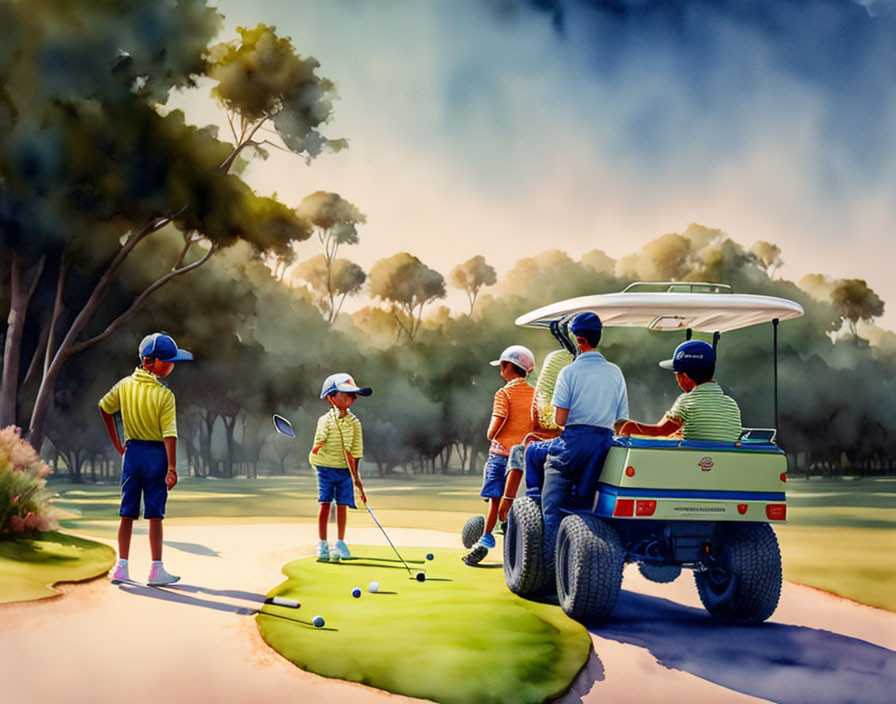 Four individuals in golf attire on sunny course with golf cart, two swinging, two observing.