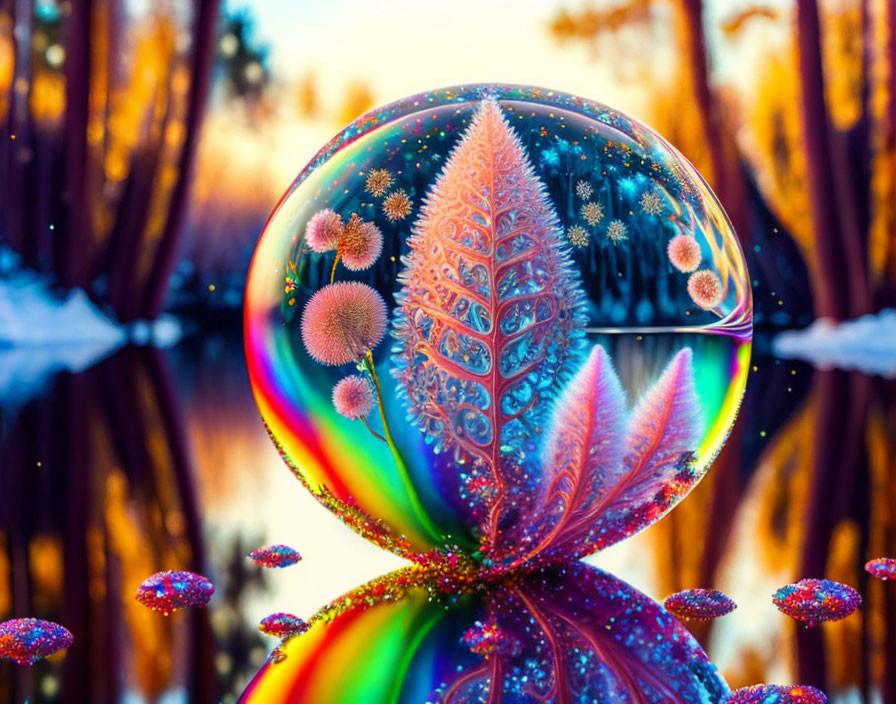 Colorful soap bubble with frost patterns in front of golden forest at sunset