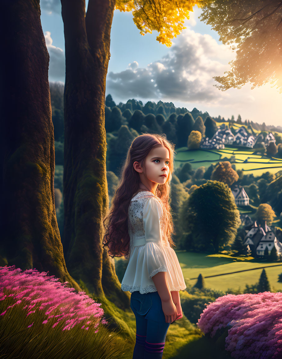 Young girl in white blouse and jeans surrounded by vibrant flora and sunlit valley.