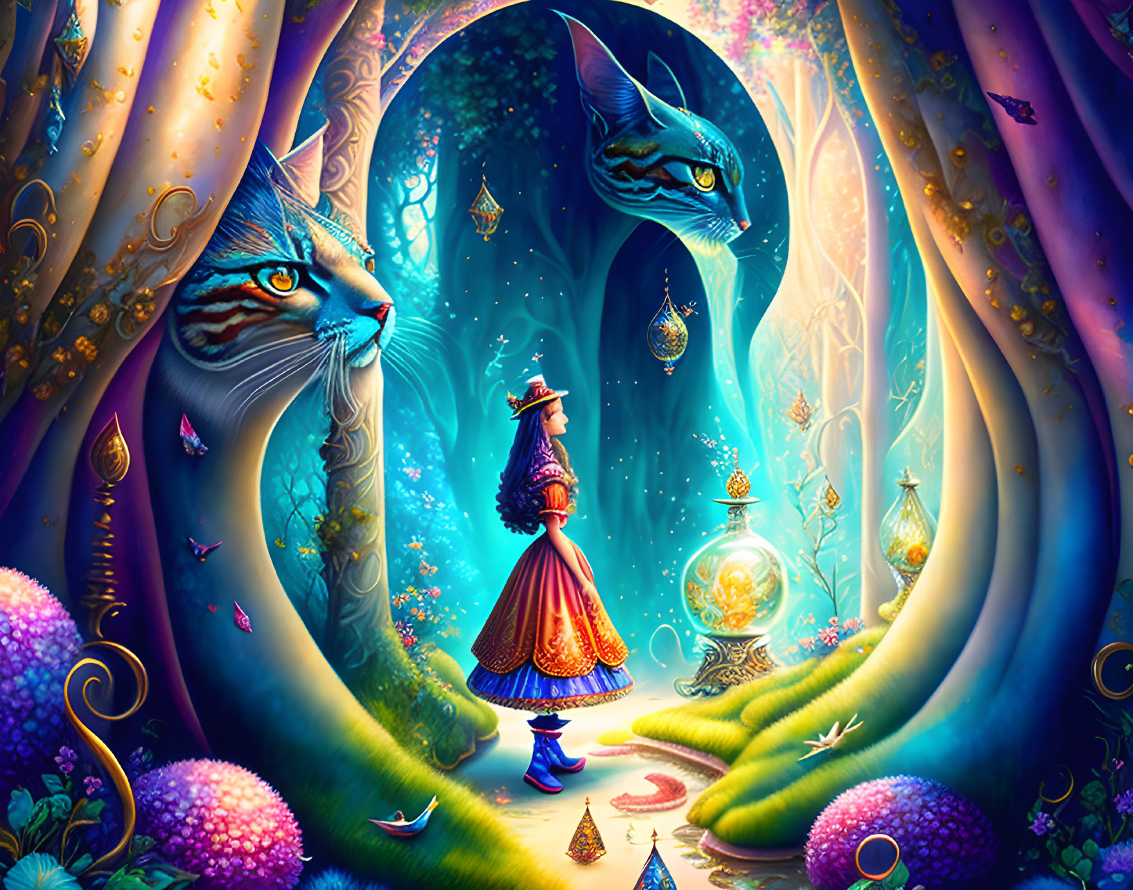 Fantastical artwork: Person in purple cloak in magical forest with giant blue cats