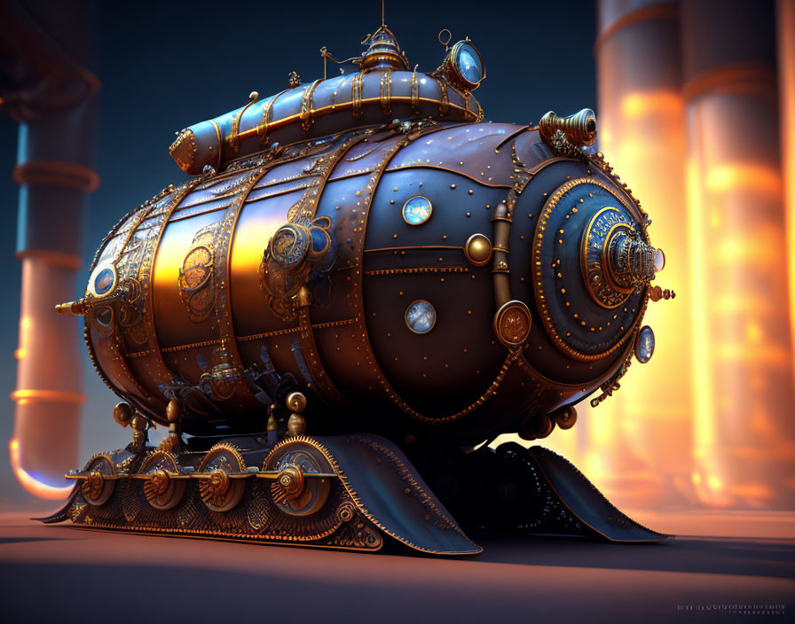 Steampunk-style submarine with brass detailing and mechanical parts in urban setting