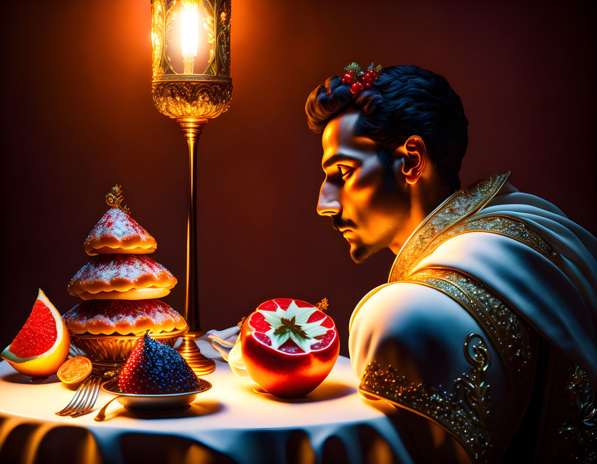 Man in elegant attire admiring lavish dessert spread under warm lamplight