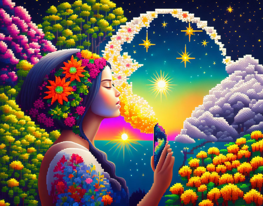Colorful Woman Holding Mirror Reflecting Sunset in Vibrant Illustration
