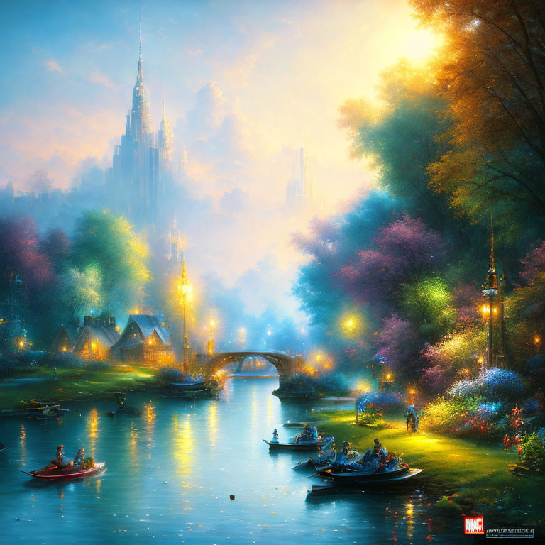 Colorful fantasy landscape with river, boats, bridge, trees, and castle under glowing sky