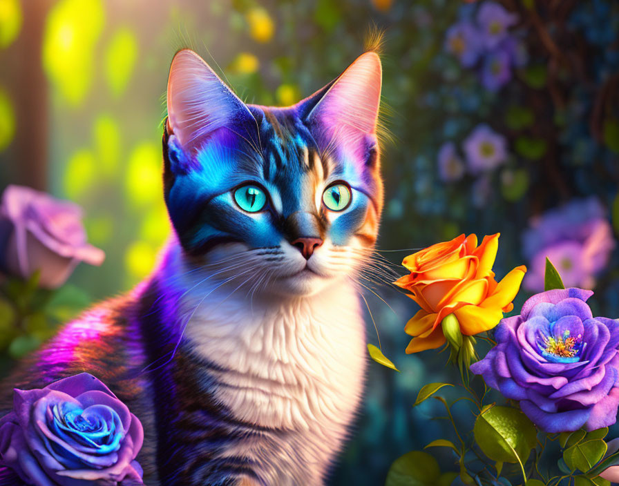 Colorful cat with blue fur patterns among vibrant roses in whimsical garden.