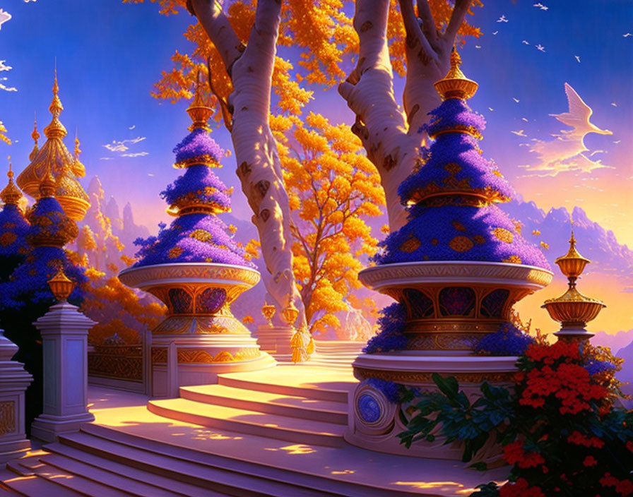 Fantastical landscape with blue-roofed towers and golden-leaved birch trees