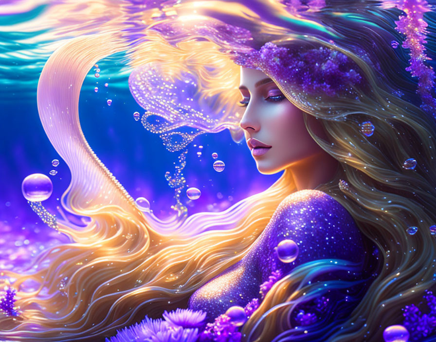 Ethereal underwater scene with golden-haired mermaid and purple tail