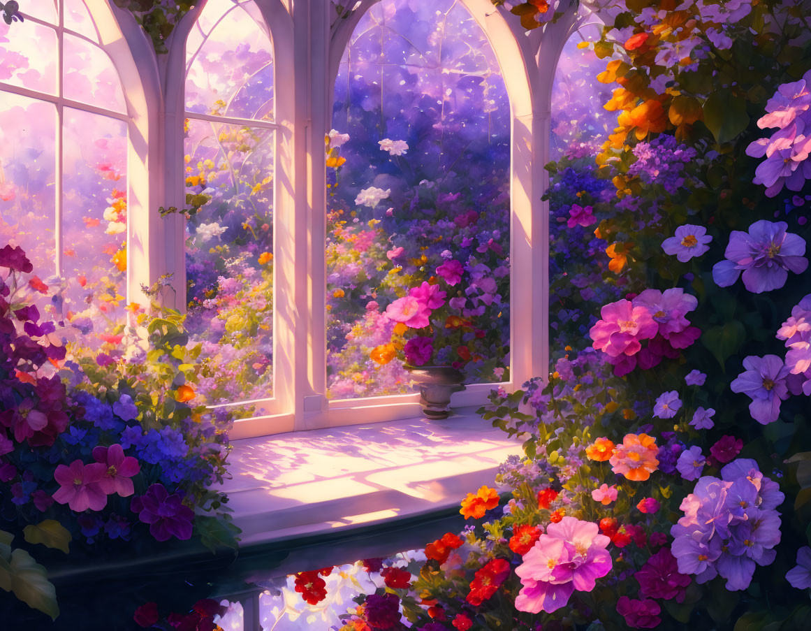 Sunlit room with arched window and colorful flowers