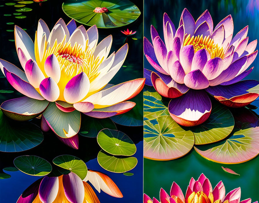 Colorful Water Lilies with Pink, White Petals, Yellow Centers, and Green Lily Pads