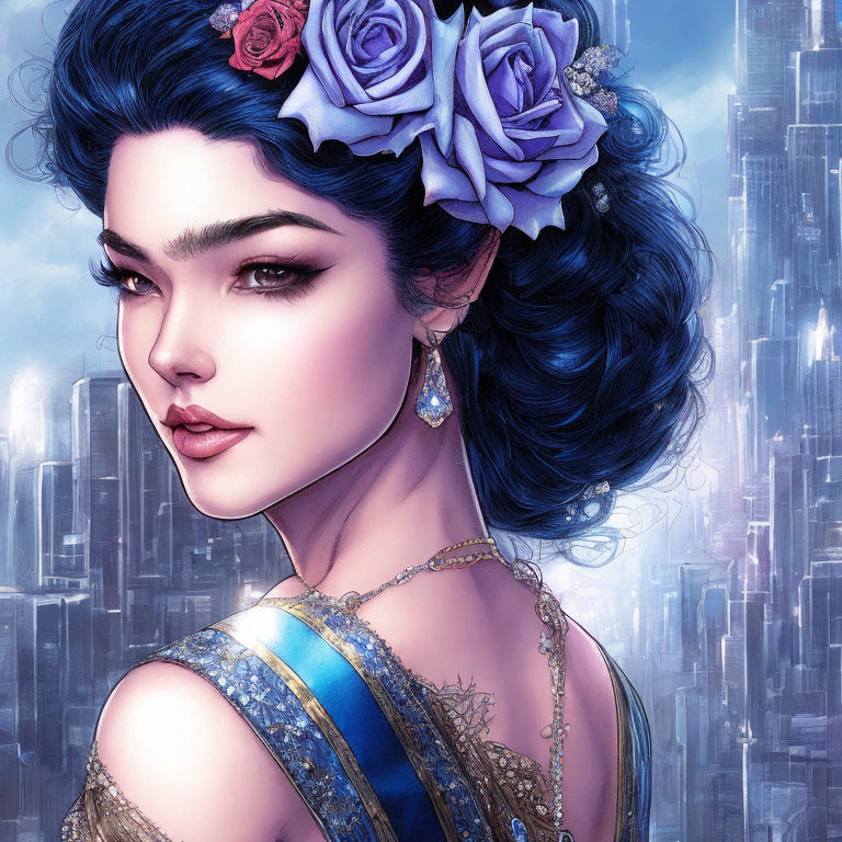 Digital artwork: Woman with blue hair and floral accessories in futuristic city.