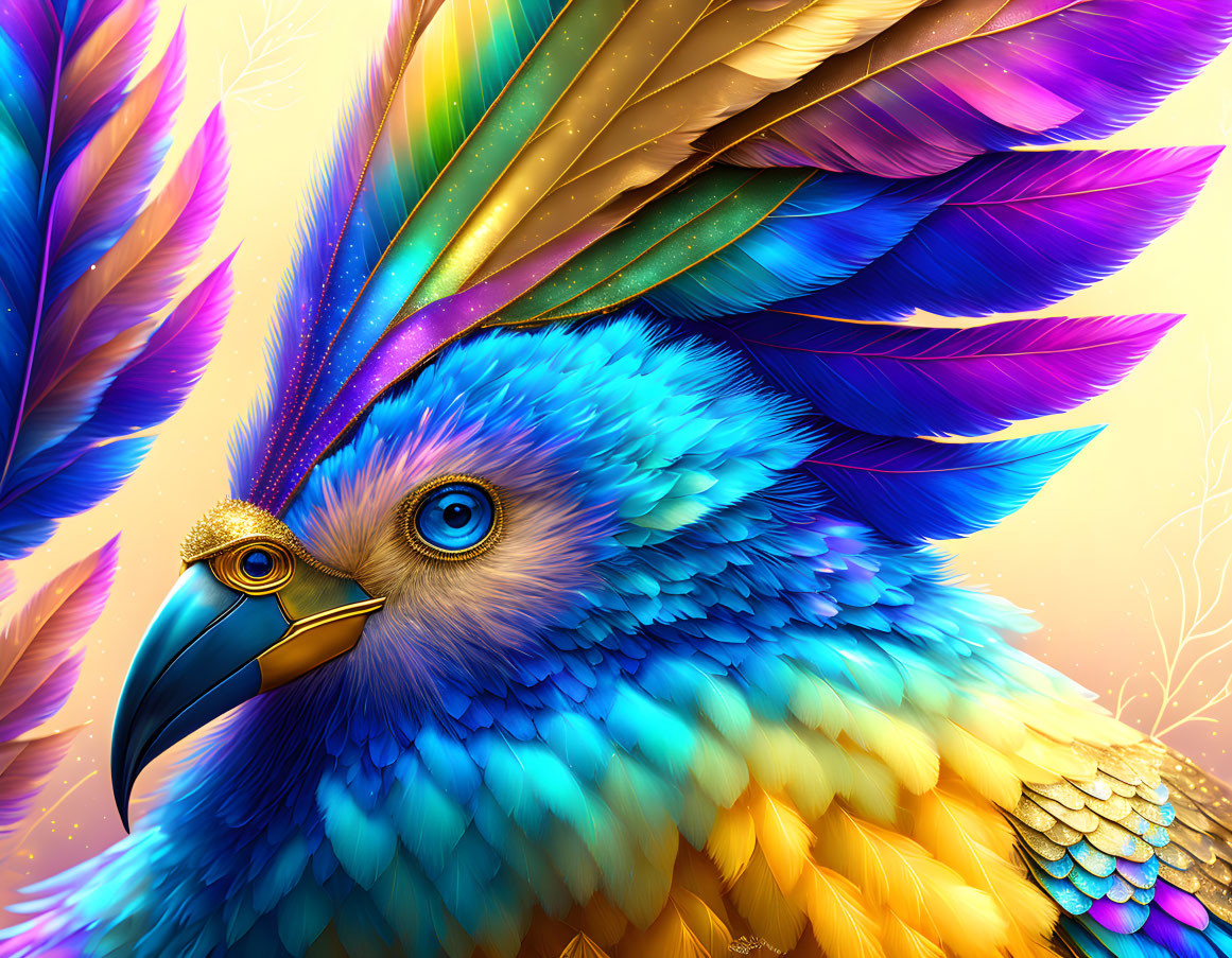 Colorful digital artwork: Fantastical bird with blue and gold feathers and detailed eye among assorted feathers