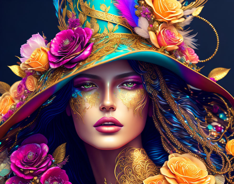 Colorful digital portrait of a woman with elaborate hat and golden facial art