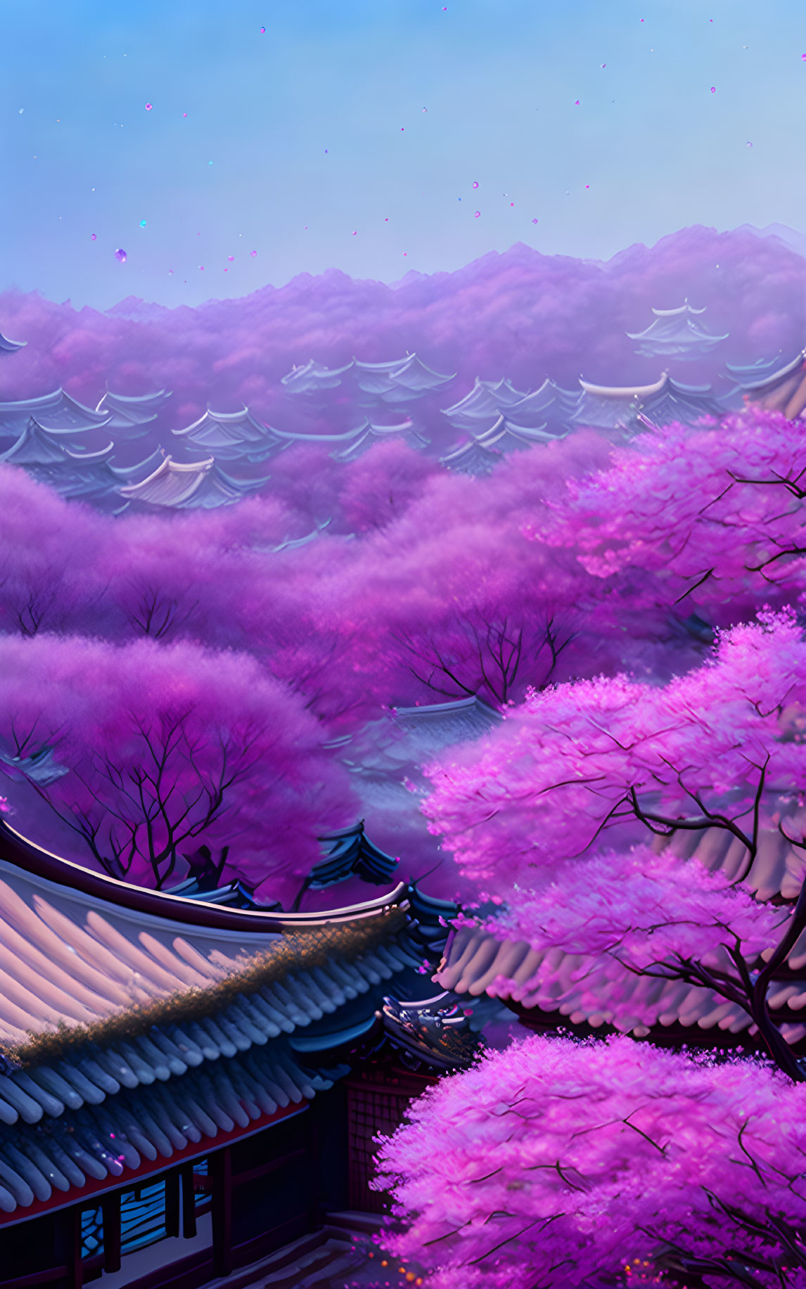 Cherry Blossom Rooftops with Mountain Background