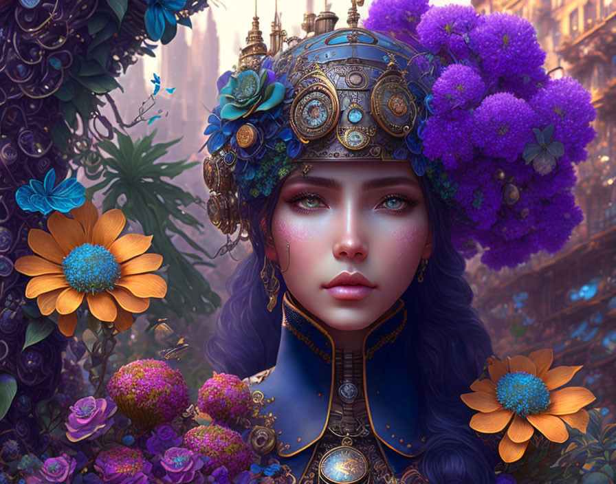 Illustrated female character with mechanical headdress and floral adornments in vibrant, fantastical setting